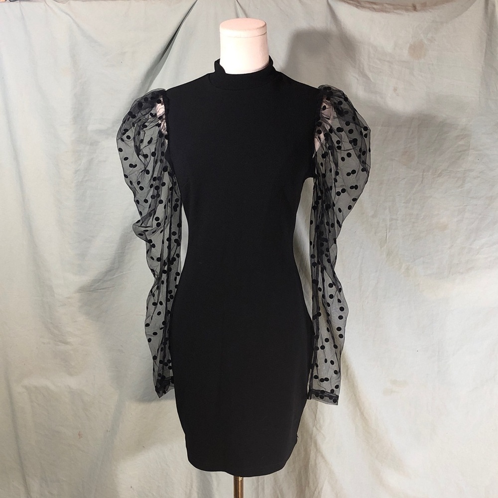 Prom Cocktail Black Dress with Sheer Polka Dot Mesh Sleeves Size Small